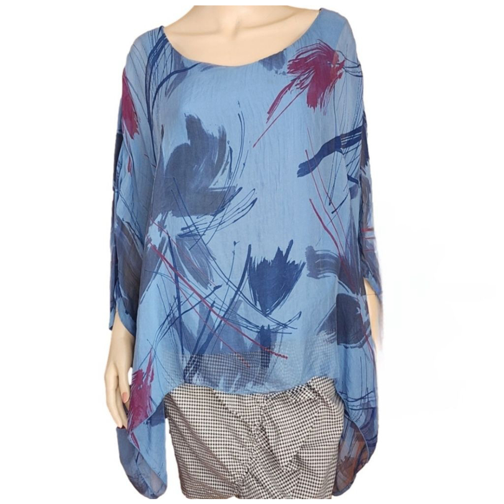 MARINA GIGLI NWOT Blue Abstract Print Silk Kimono Blouse Made in Italy M‎